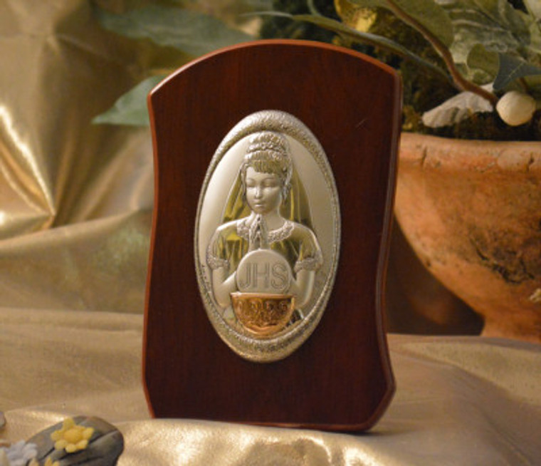 Italian Silver First Communion Girl Icon On A Wood Stand