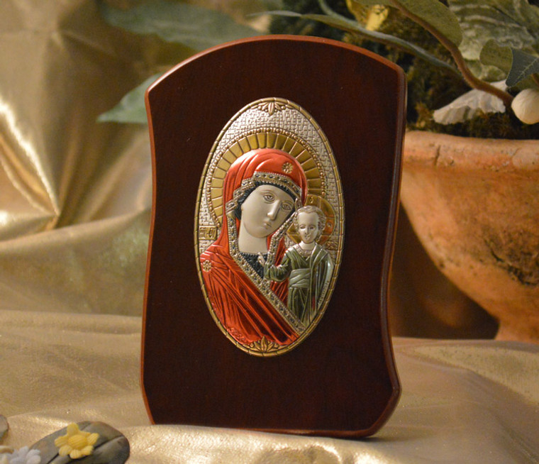 Italian Colorful Orthodox Greek Icon Mother Icon On A Wood Stand