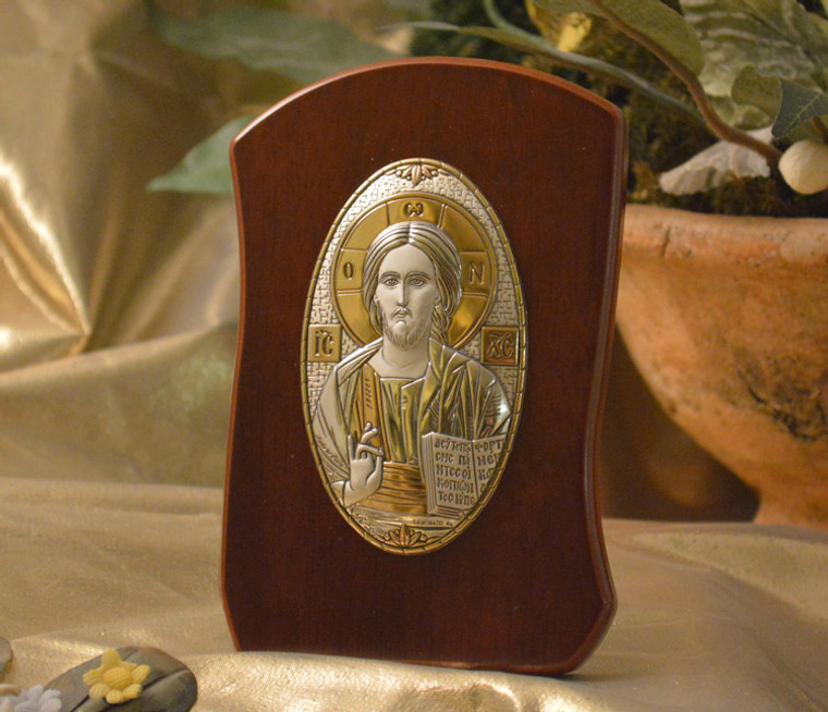 Silver Orthodox Greek Icon Christ Pantocrator Icon On A Wood Stand-  Made In Italy