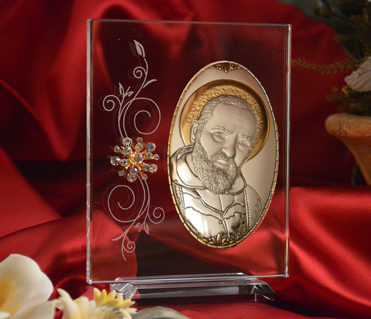 Italian Silver Icon San Pio Of Pietrelcina With Swarovski Crystals