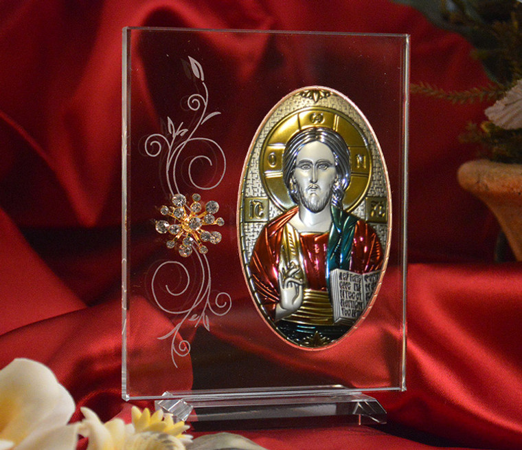 Italian Silver Greek Orthodox Christ Icon With Colors With Swarovski Crystals