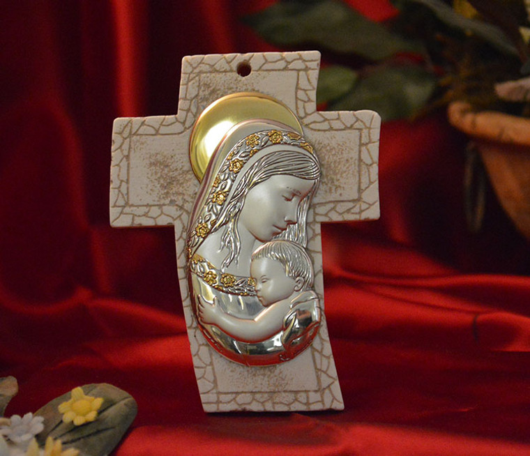 Argenti Mother And Child Standing Cross on Stone - Made In Italy