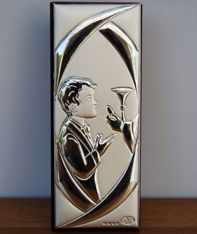 Communion Boy Full Silver Icon on Wood Stand - Made in Italy