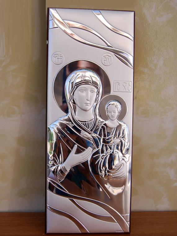 Large Italian Greek Orthodox Mother and Child Full Silver Icon on Wood Stand