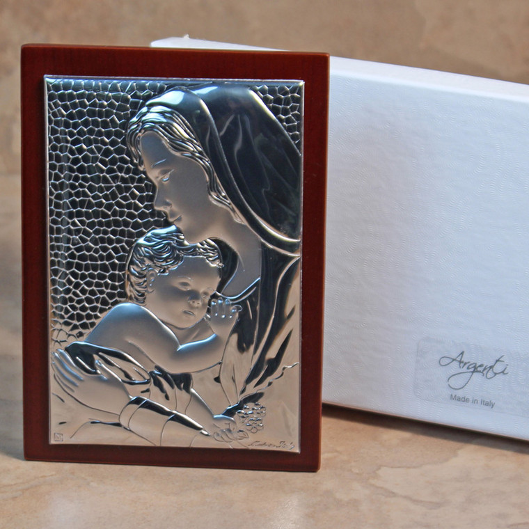 Large Italian Silver Mother and Child Rectangular Icon on Cherry Wood