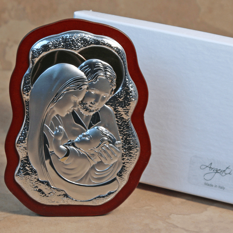 Large Italian Silver and Gold Holy Family Scallop Icon on Cherry Wood