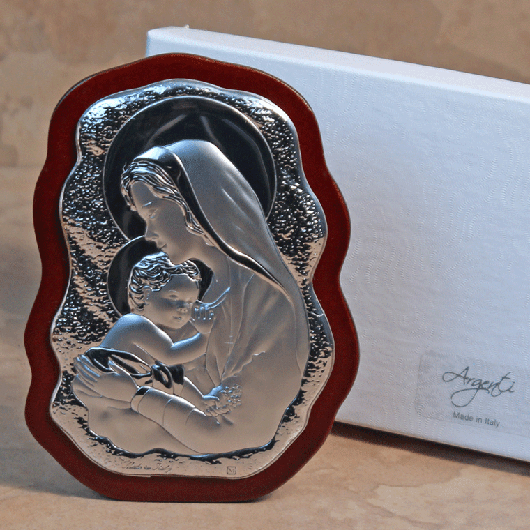 Large Icon of Silver Mother and Child on Scalloped Wood - Made in Italy