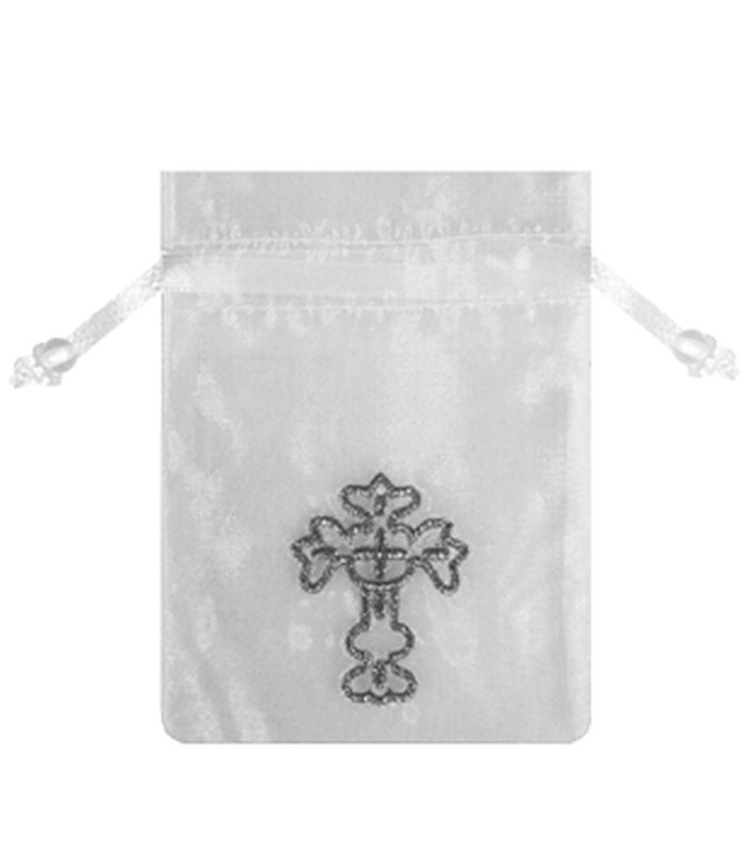 White Sheer Organza Bag with Silver Embroiled Cross
