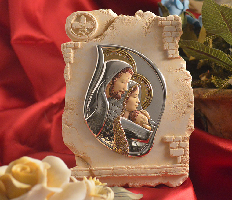 Italian Silver Holy Family Icon On A Marble Dust Texture Stand