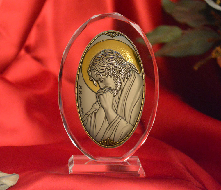 Silver Praying Jesus Icon Made In Italy Icon On A Glass Stands