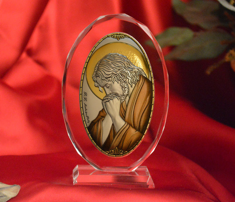 Italian Silver Praying Jesus Icon On Glass Stands