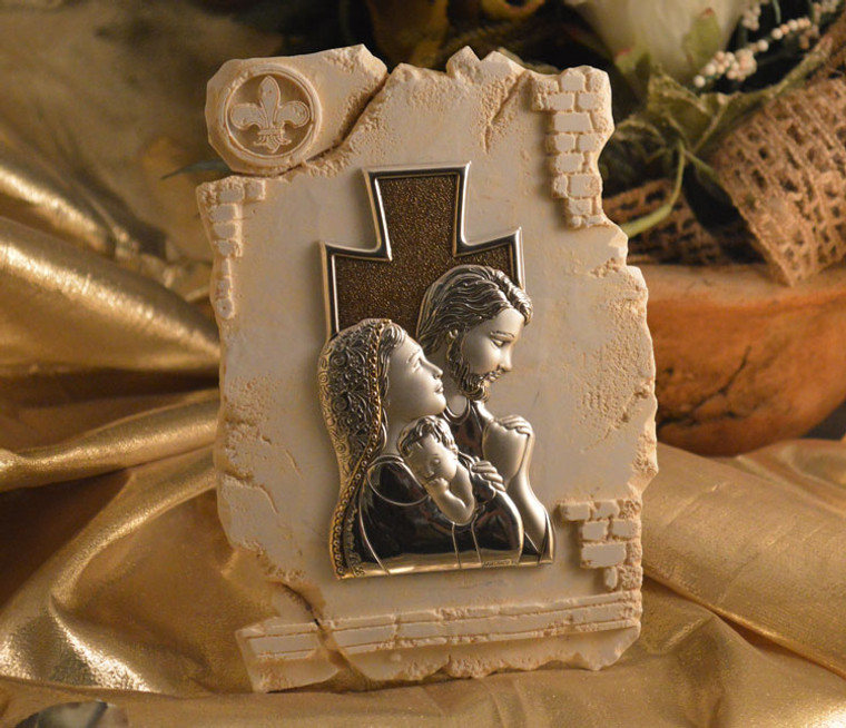 Holy Family Icon On A Marble Dust Texture Stand Made In Italy