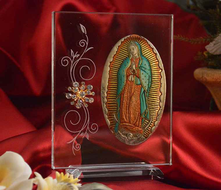 Silver Our Lady Of Guadalupe Icon Made In Italy On Glass Stands