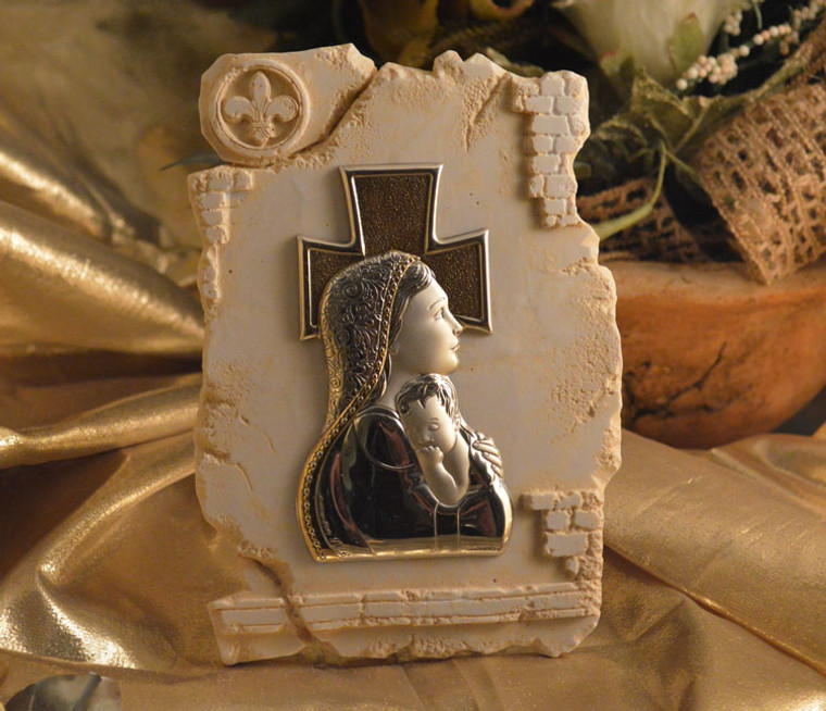 Italian Mother And Child Icon On A Marble Dust Texture Stand