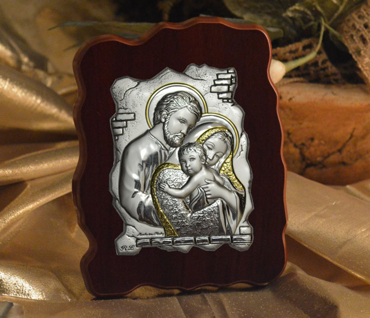 Silver Icon Holy Family On A Wood Stand Made In Italy