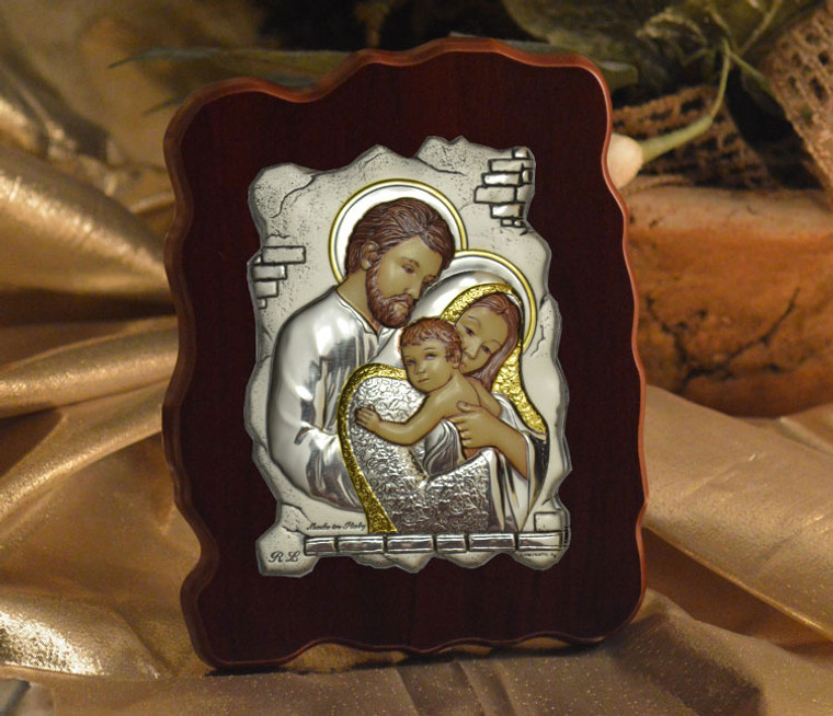 Italian Silver Icon Holy Family On A Wood Stand