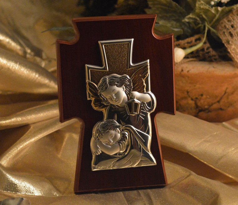 Italian Silver Guardian Angel On A Wood Stand Made In Italy
