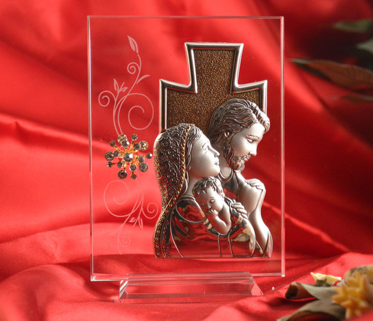 Italian Silver Holy Family Icon On Glass Stands