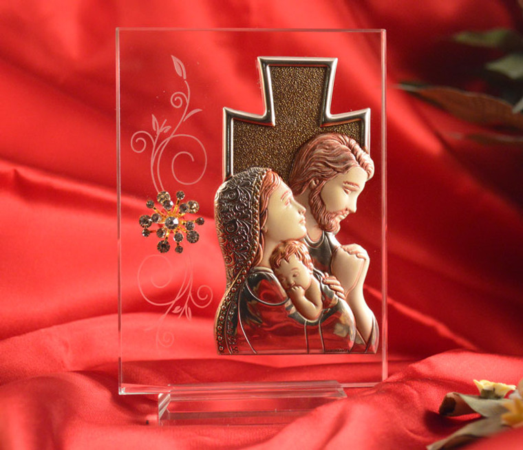 Italian Silver Holy Family Icon On A Glass Stand
