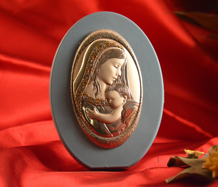 Italian Silver Mother And Child Icon Made In Italy Icon On A Wood Stand (Baby Blue)