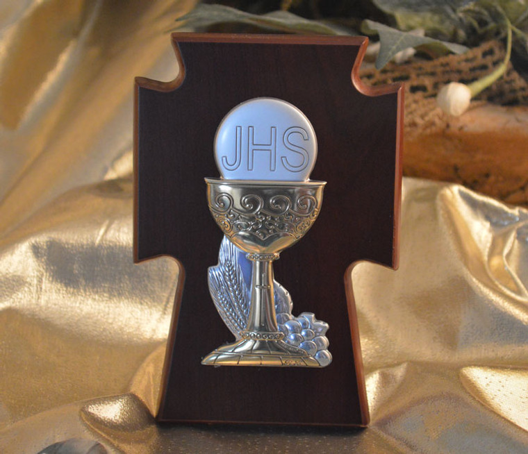 First Holy Communion With Silver Chalice On A Wood Stand Made In Italy