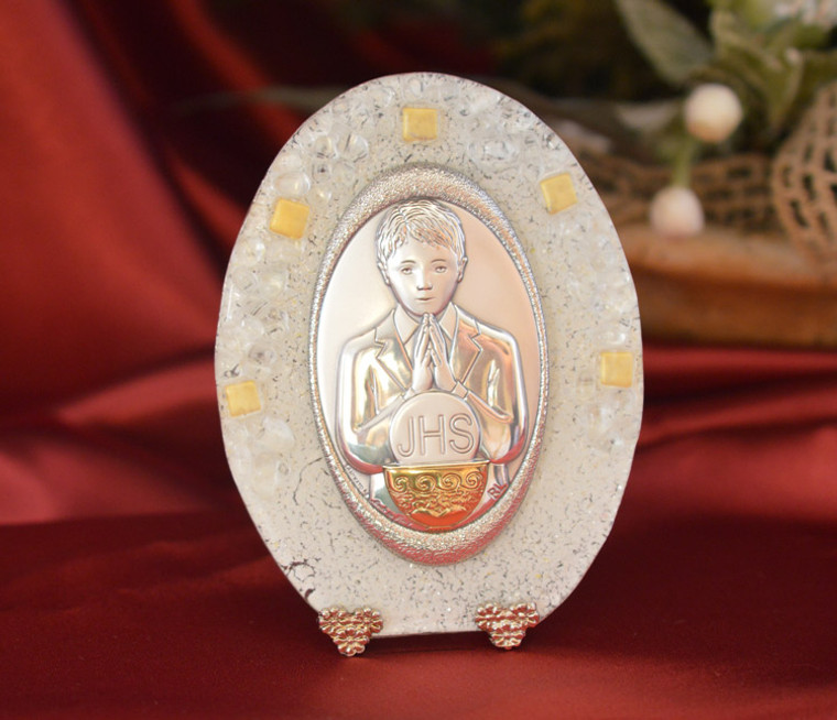 Italian Argento First Communion Boy On A Murano Glass Stand Large