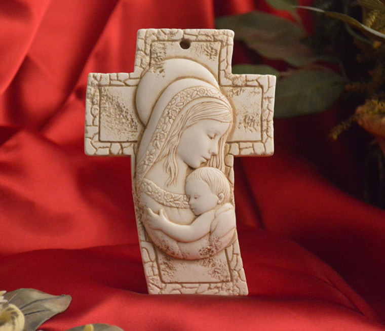 Made In Italy Mother And Child Standing Cross Icon On A Marble Dust