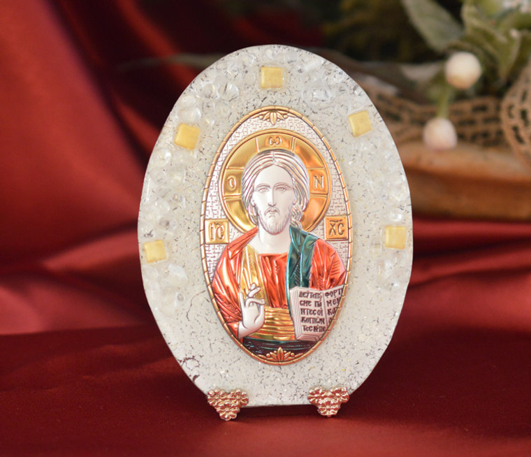 Italian Christ Pantocrator Color On A Murano Glass Stand