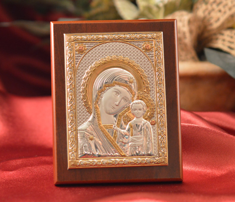 Italian Silver Greek Orthodox Our Lady Of Kazan Icon On A Wood Stand