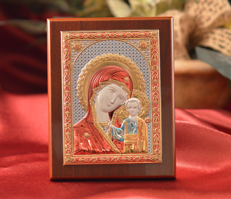 Italian Silver Greek Orthodox Our Lady Of Kazan Color Icon On A Wood Stand