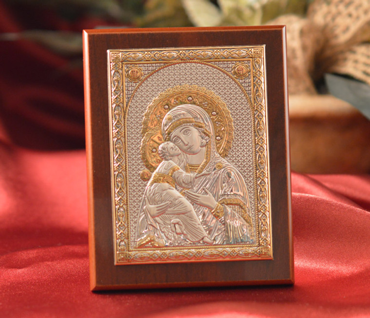 Italian Silver Greek Orthodox Our Lady Of Vladimir Icon On A Wood Stand