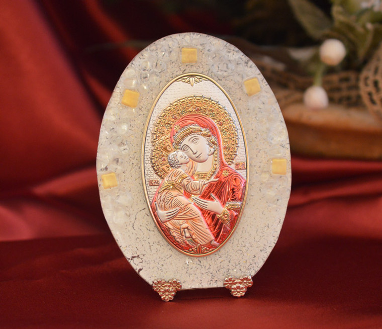 Italian Our Lady Of Vladimir Color Or On A Murano Glass Stand