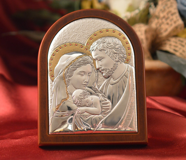 Italian Silver Holy Family Icon On A Wood Stand Extra Large