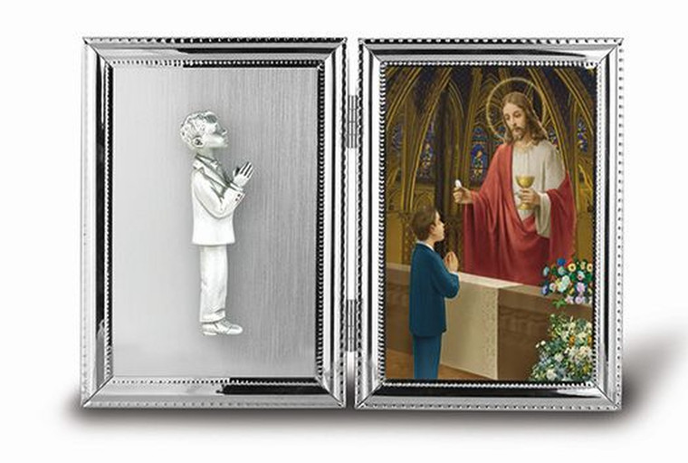 Boy Kneeling Double Hinged First Holy Communion Remembrance Silver Plated Photo Frame