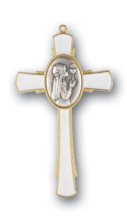 First Communion Girl on a Cross in White Enamel with Antique Silver and Gold Plated Finish. Gift Boxed