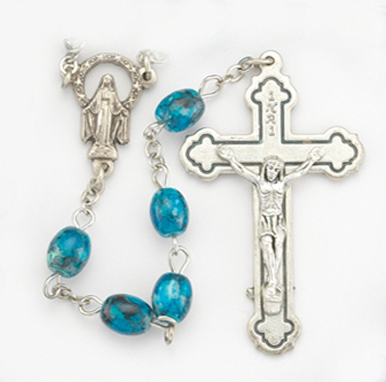 Long Topaz Blue Glass Marbleized Beads Rosary  with Silver Chain and Cross
