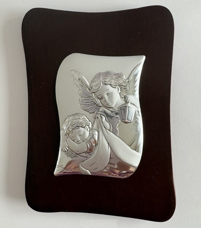 Amazing Argento Guardian Angel Icon on Wood Oval Shape - Imported from Italy