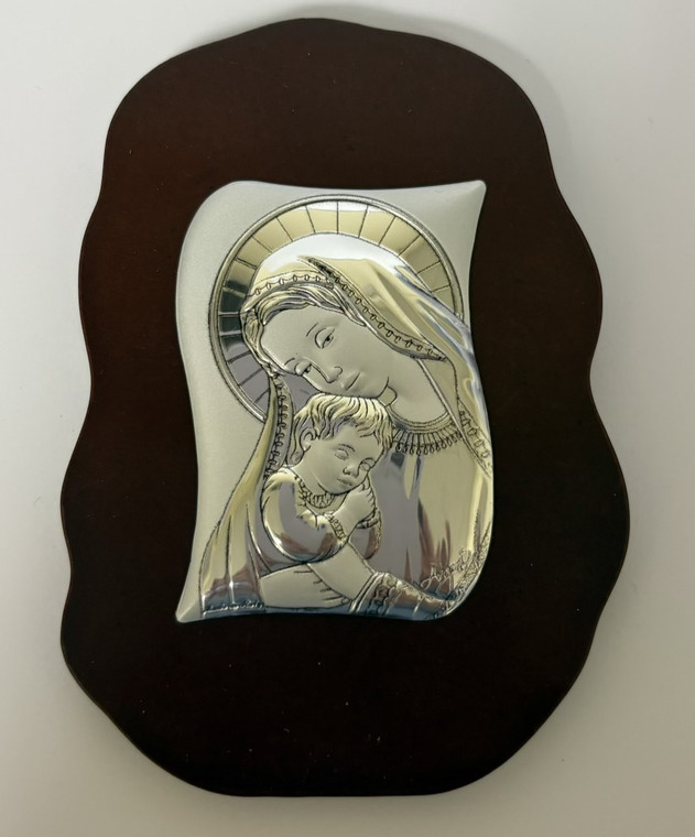 Pure Argento Madonna and Child Icon on Wood Oval Shape - Imported from Italy