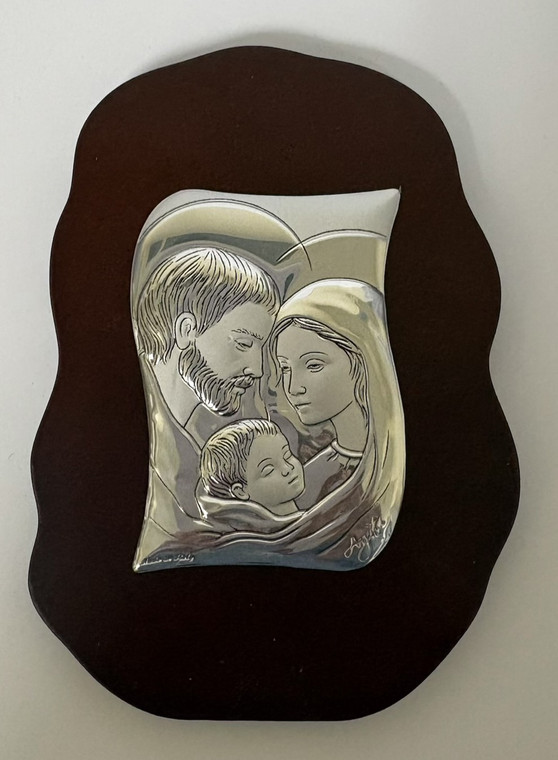 Pure Italian Argento Holy Family Icon on Wood Oval Shape