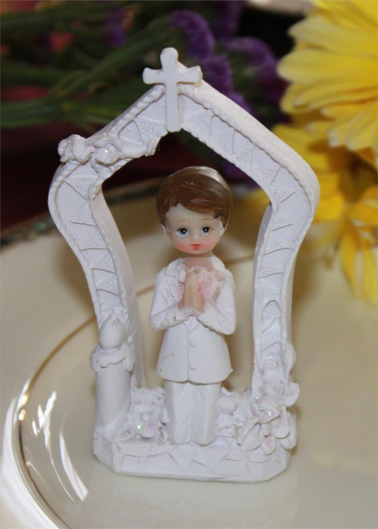 Personalized First Communion Boy or Girl Kneeling in Organza Bag with Ribbon & Charm - Clearance