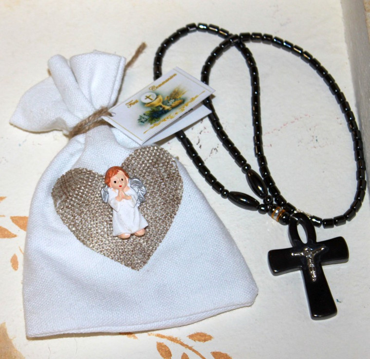 Personalized Religious Favor of Cotton and Burlap Bag with Hematite Pendant Personalized with a Tag