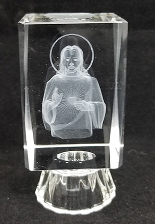 Lighted Crystal Cube with 3-D Laser Engraved Heart of Jesus Icon