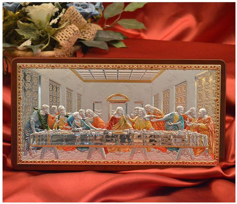 Italian Argento Silver and Color Last Supper Plaque On a Wood Stand