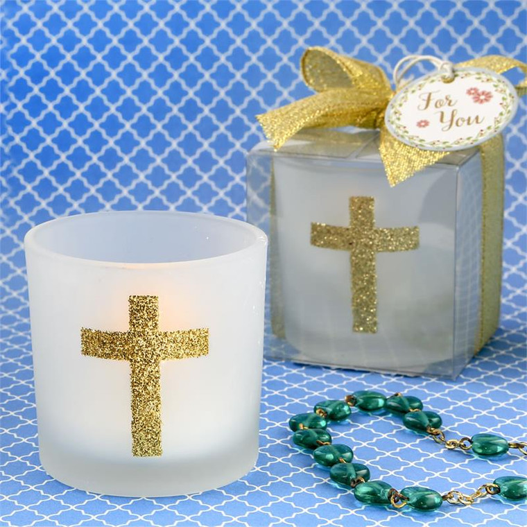 Gold Cross Themed White Frosted Glass Votive Candle in a Box with Gold Ribbon