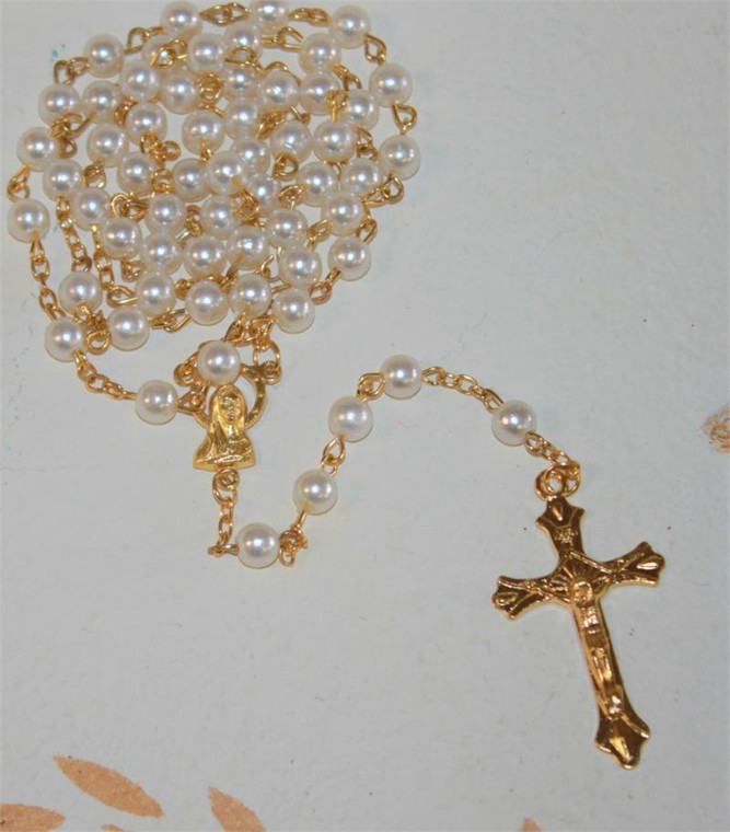Pearl and Gold Rosary 18-inch Long with 8 mm Round Beads and 1.75 Crucifix