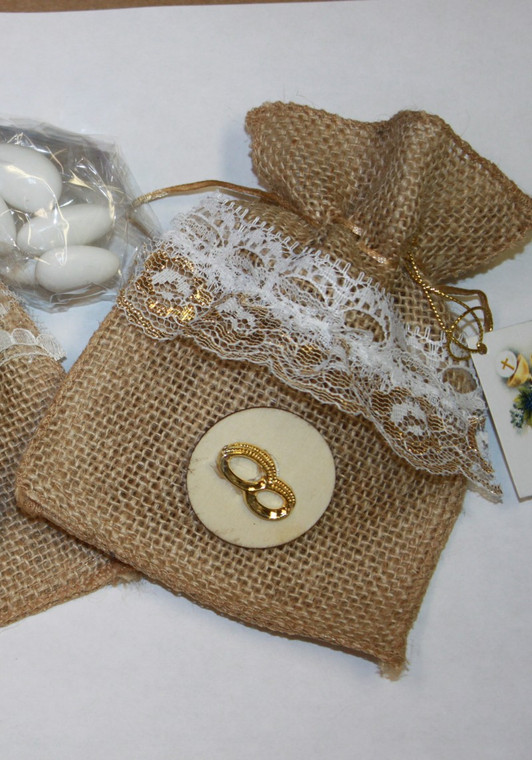 Natural Burlap Wedding Favor Bag with  Rings or  Hearts  - Plain or Personalized