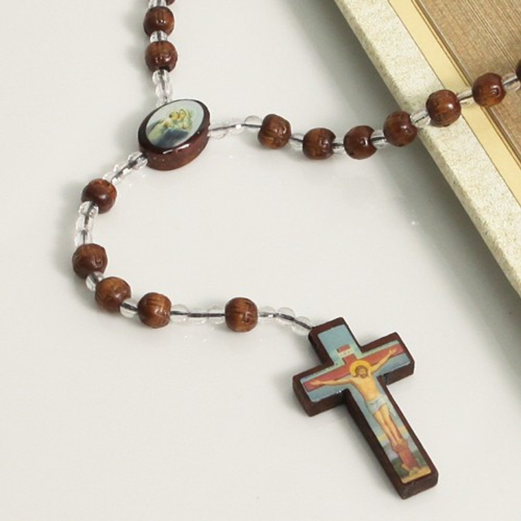 Prayer Beads Clear and Wood Fancy Rosary