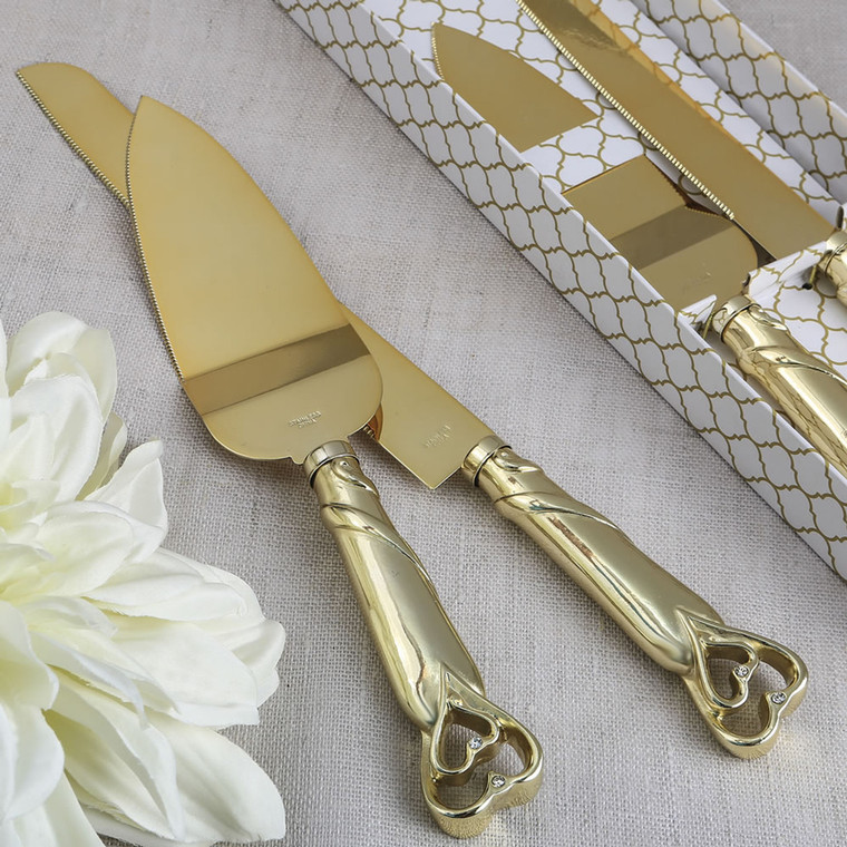 Shiny Gold Hearts Stainless Steel Cake Server & Knife Set