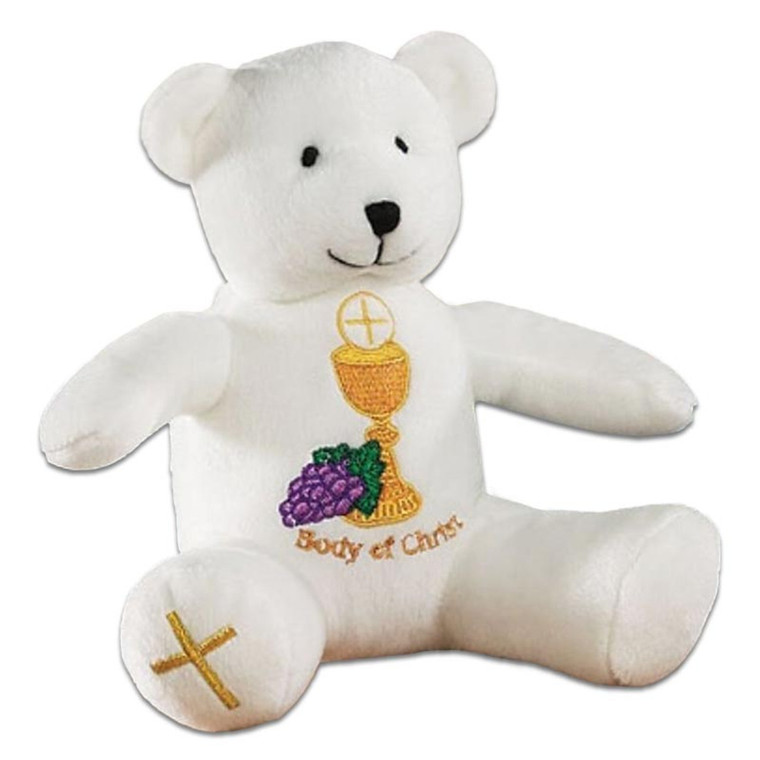 Adorable First Communion Teddy Bear White with Embroiled Gold Chalice and Cross