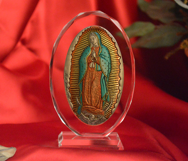 Italian Our Lady Of Guadalupe On A Oval Glass Stand